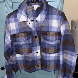 For The Republic Blue and Brown Plaid Utility Jacket